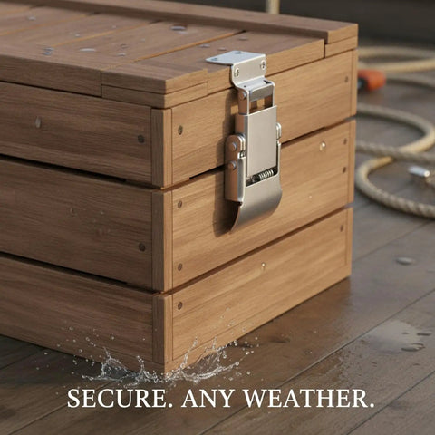 Stainless Steel Toggle Latch For Toolboxes And Storage Cases With Easy Pull To Lock Design on a wooden crate