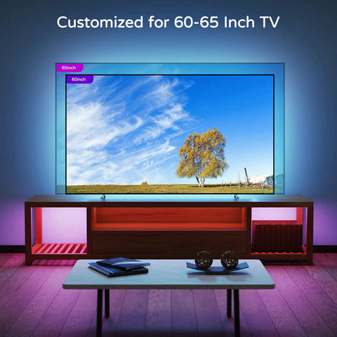Living room TV setup with LED Backlight Kit for 60-65 Inch TVs, 15 Ft Behind Monitor Lights With 20 Color Modes, Bias Lighting.