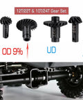 Beefy Steel Helical Gear Set For One Eighteen Traxxas TRX4M RC Crawler Front Overdrive 22T And 12T Rear Underdrive 24T And 10T CNC Machined 20CrMo Alloy For Sturdy Front And Rear Axle Upgrades, showing gears with OD and UD indicators.