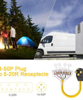 50 Amp To 110 Volt RV Adapter Cord With Four 5-20R Outlets, showing NEMA 14-50P plug with van and campsite setup.