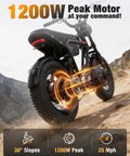Rear view of Beast 1200W Fat Tire Electric Mountain Bike with graphic highlighting motor power on rocky terrain