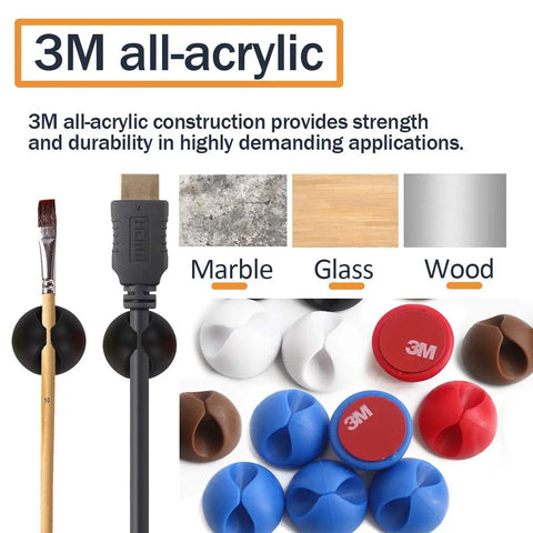 Colorful Cable Clips Organizer With Strong Adhesive, 25 Pack, shown with 3M all-acrylic construction for marble, glass, wood surfaces