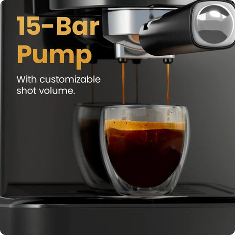 CraftBrew Digital Espresso Machine With 15 Bar Pump And Steam Wand For Lattes And Cappuccinos dispensing espresso into cups