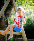 Child on Kids Outdoor Swing Seat With Extra Thick Rope And Adjustable Height From Fifty Five To Seventy One Inches