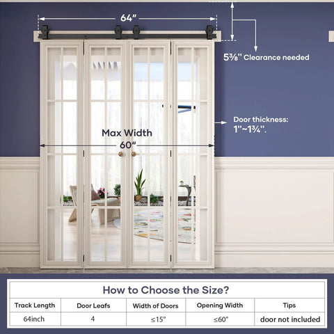 64 Inch Bifold Barn Door Hardware Track Kit For Four 15 Inch Closet Doors Top Mount Sliding System in use, door not included