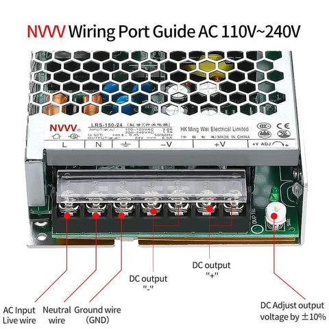 Beefy 24V 6.5A Enclosed Switching Power Supply 156W With Auto Input Switching 85 To 132V And 170 To 264V AC wiring port guide
