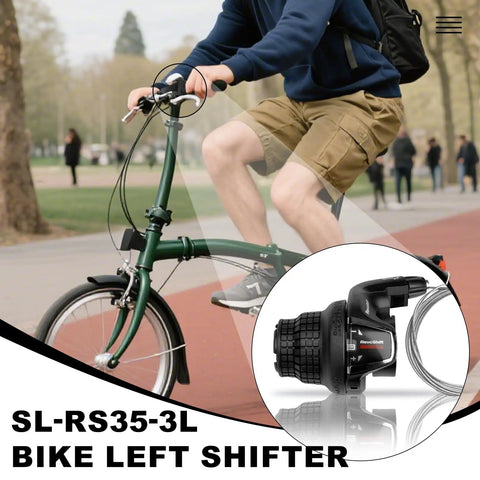 Three Speed Left Twist Shift Lever For 3 Speed Front Derailleur SL-RS35-3L on a folding bike, cyclist in park