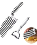 Front view of two-piece stainless steel crinkle cutter knife with wavy blade and vegetable peeler