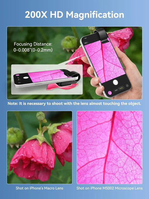 Pocket Phone Microscope 200X With LED Light And CPL Filter clips to iPhone showing a pink leaf close-up