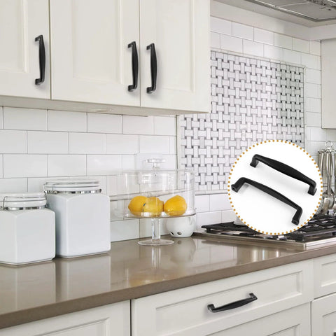 10 Pack 3 3/4 Inch 96mm Matte Black Cabinet Pulls For Modern Kitchen Cabinets Vanity And Wardrobe installed on white cabinets