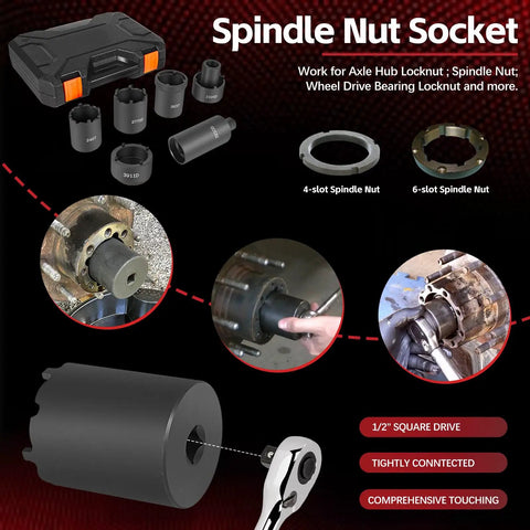 Six Piece Spindle Nut Socket Set With One Half Inch Drive For Ford F250 F350 Dana Axles Toyota GM Chevy Dodge Spindle Lock Nut Removal And Installation Kit Lug Out Tool displayed with components and usage.