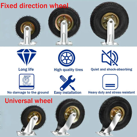 Straight Up Heavy Duty Industrial Caster Pair Featuring Silent Rubber Wheels And Thick Steel Base Plates, showing fixed and universal wheel designs.