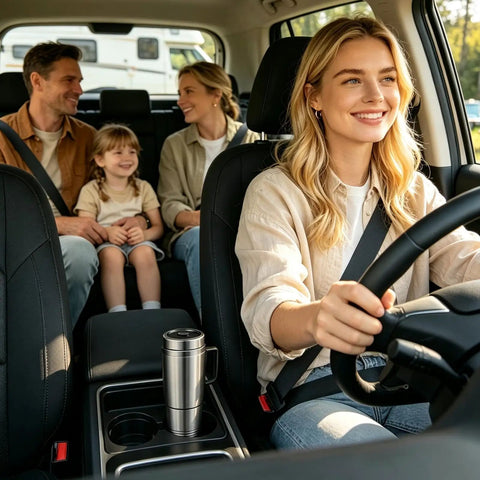 Zero Drama 12V And 24V Ride Along Electric Kettle Straight For Your Center Console shown in car with family enjoying a road trip.