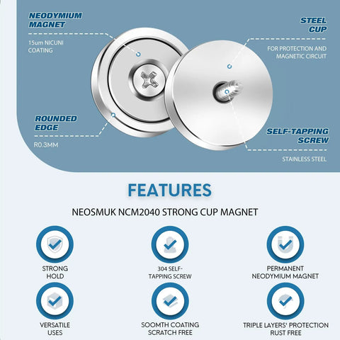 Diagram of Heavy Duty Neodymium Mounting Magnets With Screws, 40 Lbs Holding Power, Countersunk Holes, features labeled