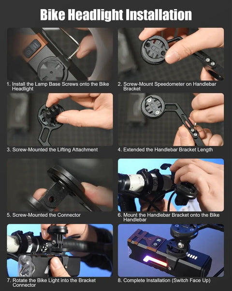 Step-by-step guide for installing Beefed Up 2500LM Bike Light For Night Riding With Garmin And GoPro Mounts on handlebars
