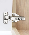 Close-up of Face Frame Cabinet Hinges 105 Degree Concealed No Fuss Brushed Satin Nickel 35mm Cup 14 To 22mm Door Thickness Full Overlay installed