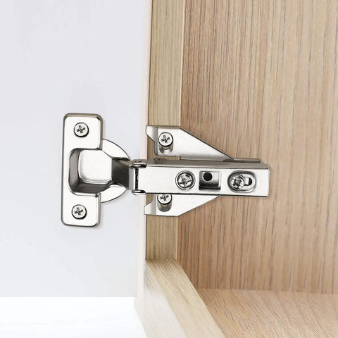 Close-up of Face Frame Cabinet Hinges 105 Degree Concealed No Fuss Brushed Satin Nickel 35mm Cup 14 To 22mm Door Thickness Full Overlay installed