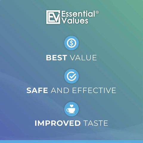 Essential Values logo with blue icons for best value, safe and effective, improved taste, related to 12 Pack Replacement Water Filters For Breville BWF100 Charcoal Activated - Bang For Your Buck Replacement Filters, Universal Compatibility, Easy Install, BPA Free, Long-Lasting Purity, Budget Friendly Water Freshness.