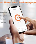 Person using smartphone app showing Smart WiFi Access Control Keypad For Garage And Gate Openers With PIN Code And ID Card No Fuss 12V DC IP68 Waterproof Tuya Compatible Supports Up To 2000 Users Easy Setup For Door Locks Gates And Security Systems