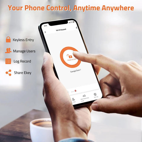 Person using smartphone app showing Smart WiFi Access Control Keypad For Garage And Gate Openers With PIN Code And ID Card No Fuss 12V DC IP68 Waterproof Tuya Compatible Supports Up To 2000 Users Easy Setup For Door Locks Gates And Security Systems