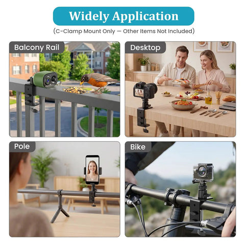 C Clamp Mount With 360 Degree Ball Head And 1/4-20 UNC Screw Adapter For Cameras And Solar Panels, on balcony rail and bike pole
