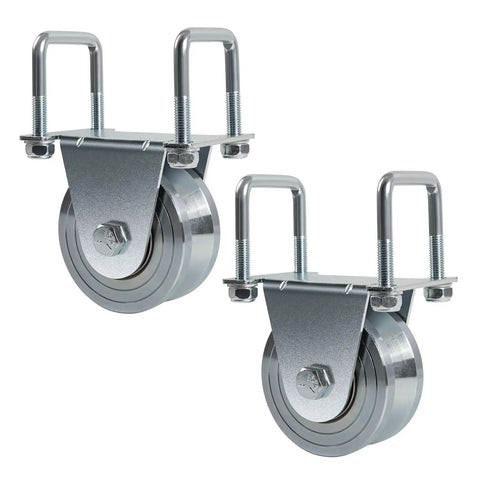 Heavy Duty 4 Inch V Groove Gate Wheel Kit Built Tough With 3000 Lbs Capacity, shown with dual bearing brackets, 2 pack