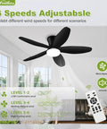No Sweat When You Run This Ace 42 Inch Low Profile Flush Mount Ceiling Fan With Smart Lighting Remote Control and Six Speeds shown in a living room, featuring adjustable speeds and black design.