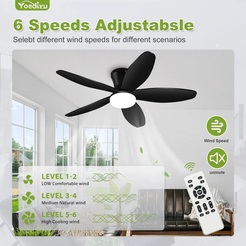 No Sweat When You Run This Ace 42 Inch Low Profile Flush Mount Ceiling Fan With Smart Lighting Remote Control and Six Speeds shown in a living room, featuring adjustable speeds and black design.