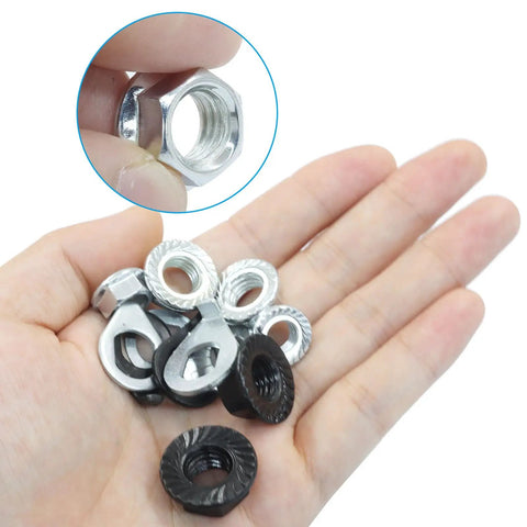 Hand holding Timeproof 12 Piece Bicycle Hub Axle Nut Kit With Safety Washers Includes White M8x2 White M10x2 Black M10x2 Nuts And 6 Safety Washers