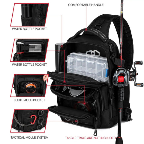 Fishing Sling Bag with Rod Holder and MOLLE System, shown with multiple pockets and compartments, accessories not included
