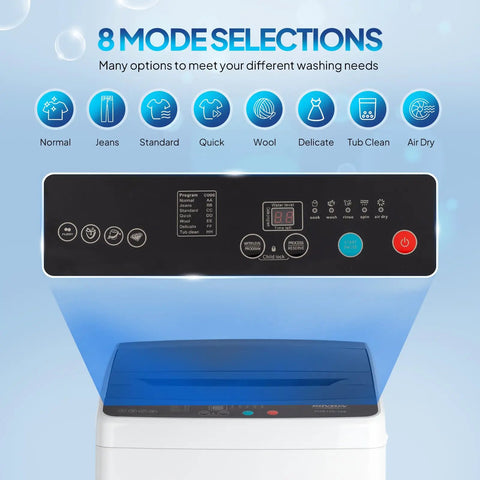 Control panel of No Sweat Portable Washer And Spin Dry Combo Featuring A Heavy Duty Stainless Steel Drum with 8 washing modes.