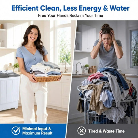 Image comparing efficient laundry with Slick Portable Twin Tub Washing Machine, 28 Pound Capacity Featuring Drain Pump on one side to piles of clothes.