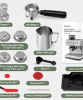 Pro Level Dual Boiler Espresso Machine With Slick Integrated Grinder And Reliable 58mm Portafilter For Steady Extraction Pressure, accessories displayed including portafilter, milk jug, and cleaning tools.
