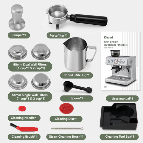 Pro Level Dual Boiler Espresso Machine With Slick Integrated Grinder And Reliable 58mm Portafilter For Steady Extraction Pressure, accessories displayed including portafilter, milk jug, and cleaning tools.
