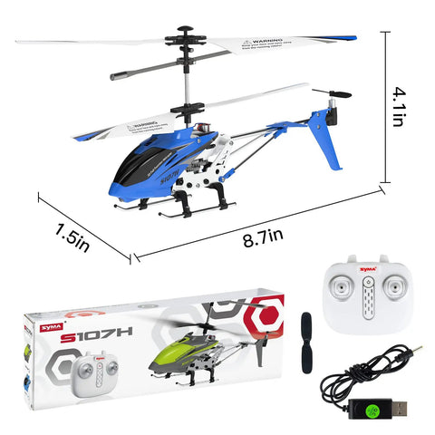 SYMA S107H Mini RC Helicopter With Gyro And Altitude Hold One Key Take Off And Landing Two Point Four GHz in blue with controller