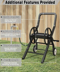 Built Tough Heavy Duty Garden Hose Reel Cart With Wheels For Outdoor Use showing cart grip, leader hose, outlet fitting, handle.