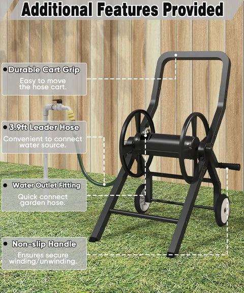 Built Tough Heavy Duty Garden Hose Reel Cart With Wheels For Outdoor Use showing cart grip, leader hose, outlet fitting, handle.