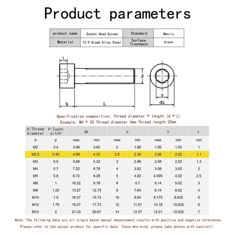 12.9 Grade M2.5 X 25mm Hex Socket Head Cap Screws Black Oxide Alloy Steel Metric Machine Bolts full specifications chart.