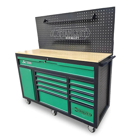 Heavy-Duty 11-Drawer Tool Cabinet With Solid Wood Workbench Top And Pegboard Backwall, Go-To Rolling Metal Storage Chest