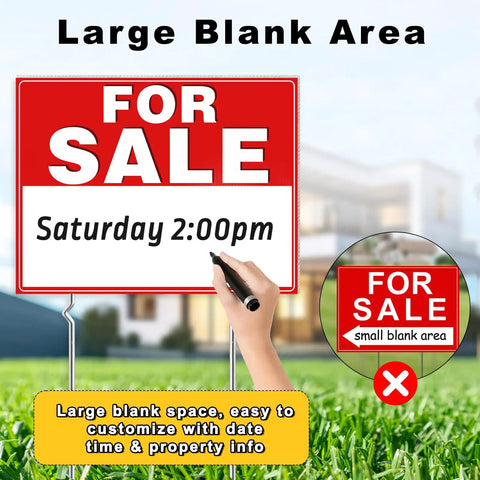 For Sale Yard Sign 17X13 Inch Double Sided Corrugated Plastic With Metal Stakes Waterproof Real Estate By Owner Car Garage Business 2 Pack Durable Outdoor Signage with customizable area