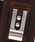 Close-up of Leather Belt Sheath For Multitools Dope Daily Carry Holder with polished metal easy belt clip.