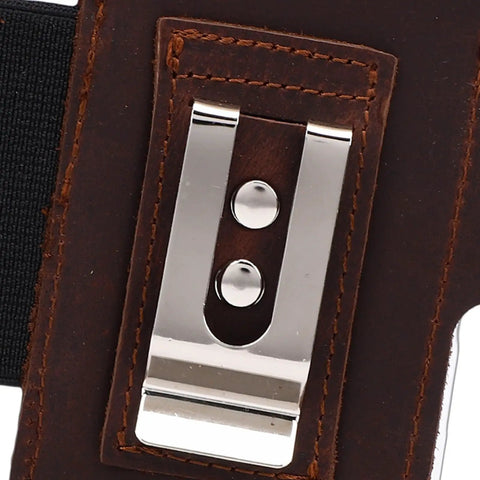 Close-up of Leather Belt Sheath For Multitools Dope Daily Carry Holder with polished metal easy belt clip.