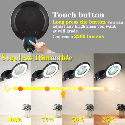 10X Magnifying Glass With Light And Stand Great For Close Work And Crafts, 2200 Lumen LED touch button, stepless dimming steps