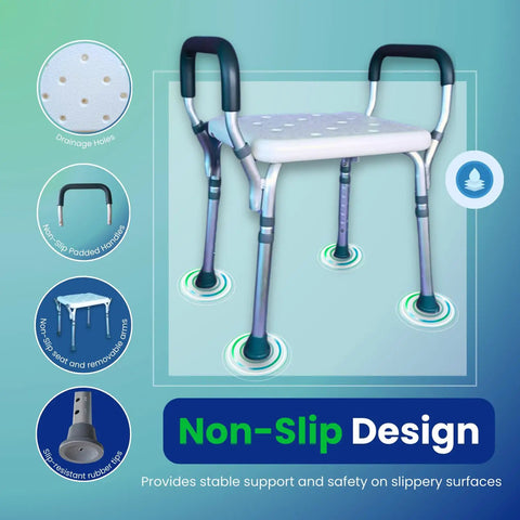 Adjustable Shower Bench With Arms For Easy Bathing Lightweight Bath Chair With Padded Handles Height 15 To 20 Inches White Seat