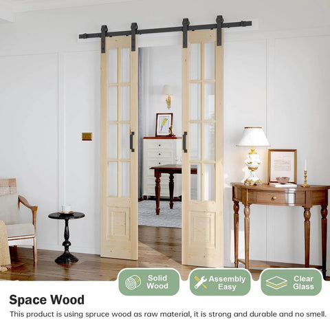 Preassembled Double 30x84 Inch Clear Glass French Interior Door with 5.5Ft Barn Door Hardware Kit Included, Spruce Wood Support
