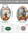 Elongated Toilet Seat for Bathroom Decor showing measurement guide with a playful dog and cartoon ducks, dimensions 18.5" length and 14.4" width.