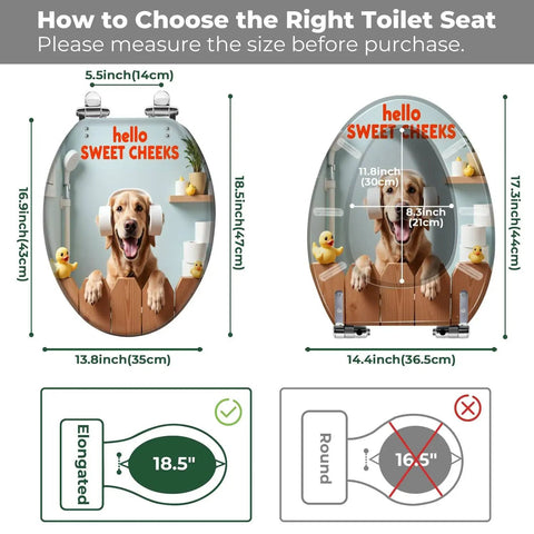 Elongated Toilet Seat for Bathroom Decor showing measurement guide with a playful dog and cartoon ducks, dimensions 18.5" length and 14.4" width.