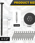 Badass Black Lag Screws Size 14 X 4 1 2 Inch Star Drive Heavy Duty Structural Wood Fasteners For Exterior Timber Framing Rust Resistant Finish With T30 Bit Included For Rock Solid Builds, showing dimensions and T30 bit.