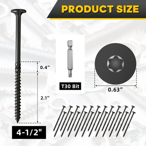 Badass Black Lag Screws Size 14 X 4 1 2 Inch Star Drive Heavy Duty Structural Wood Fasteners For Exterior Timber Framing Rust Resistant Finish With T30 Bit Included For Rock Solid Builds, showing dimensions and T30 bit.