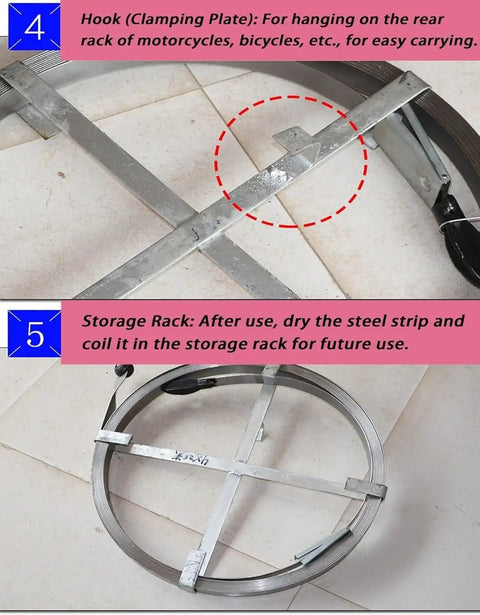Manual Steel Drain Cleaning Tape 15 Meter Flat Bar Auger showing clamping plate and storage rack for easy handling.